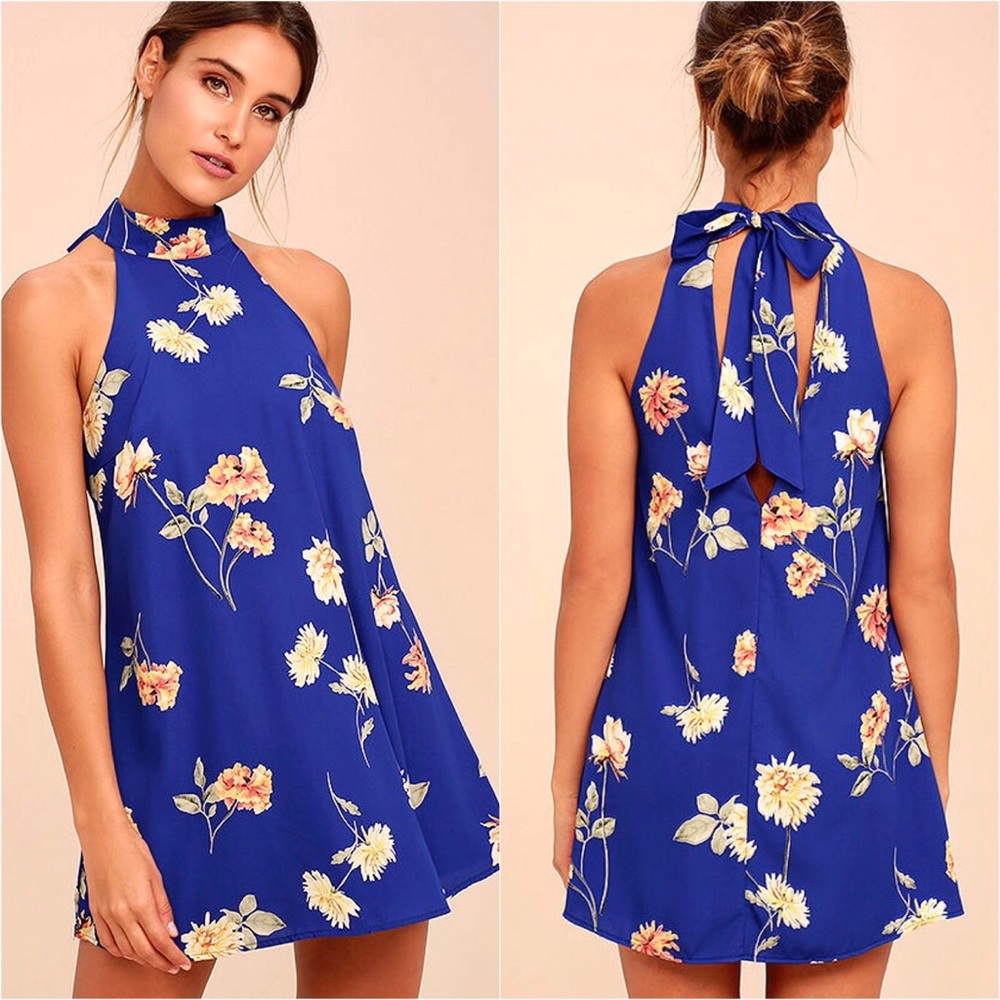 🌸 “Flower Power” Halter Bow Tie Print Swing Dress - Picture 1 of 16